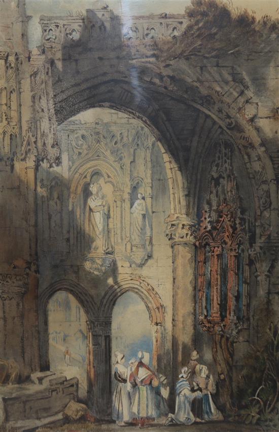 Manner of Samuel Prout Women praying beside a cathedral ruins 42 x 28cm